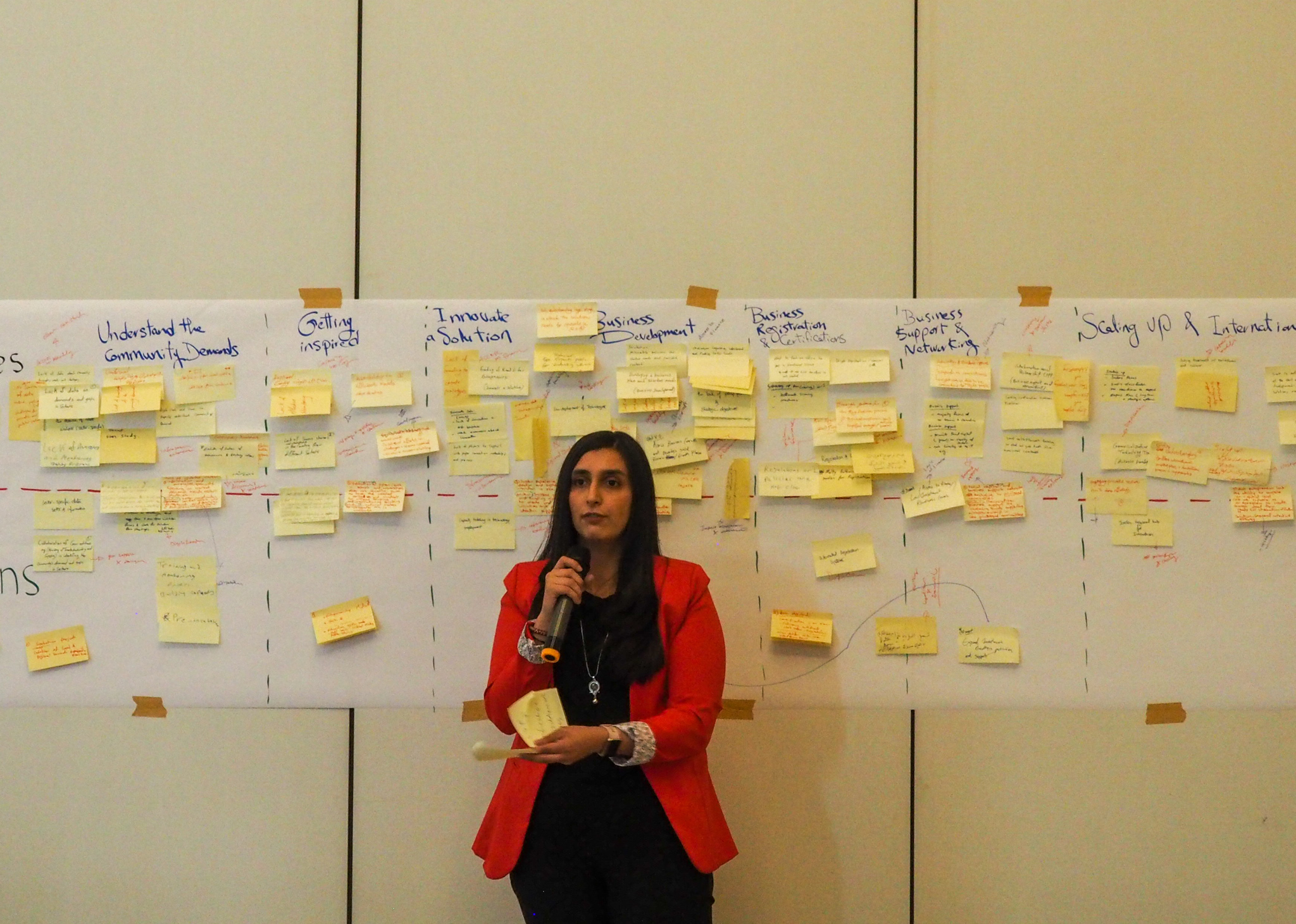 woman presenting at a sticky notes board