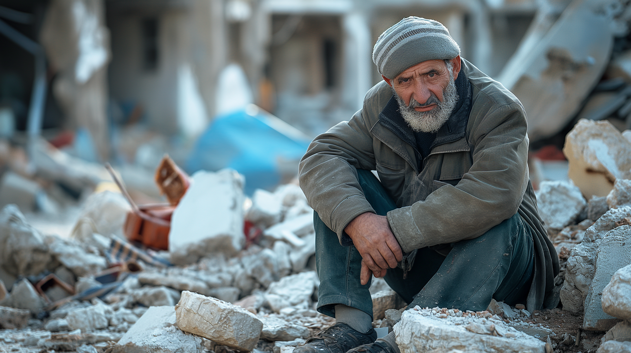 A man sitting on the floor between the destruction in Gaza