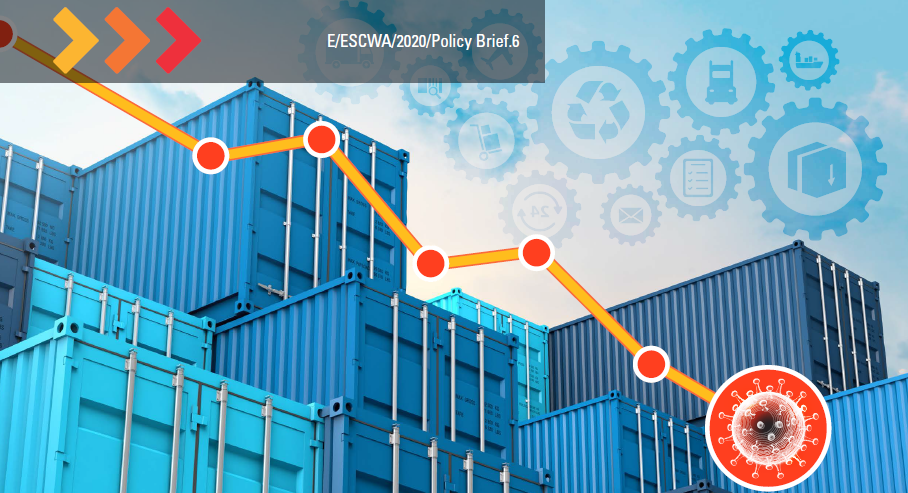 cover of the policy brief, blue containers in the background and ascending graph linked to the coronavirus