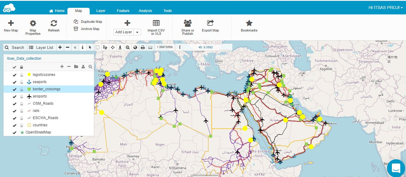 Geographic information system for transport networks and facilities in Arab States