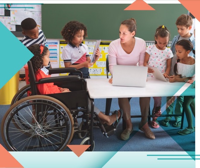 A teacher with a kid on a wheelchair