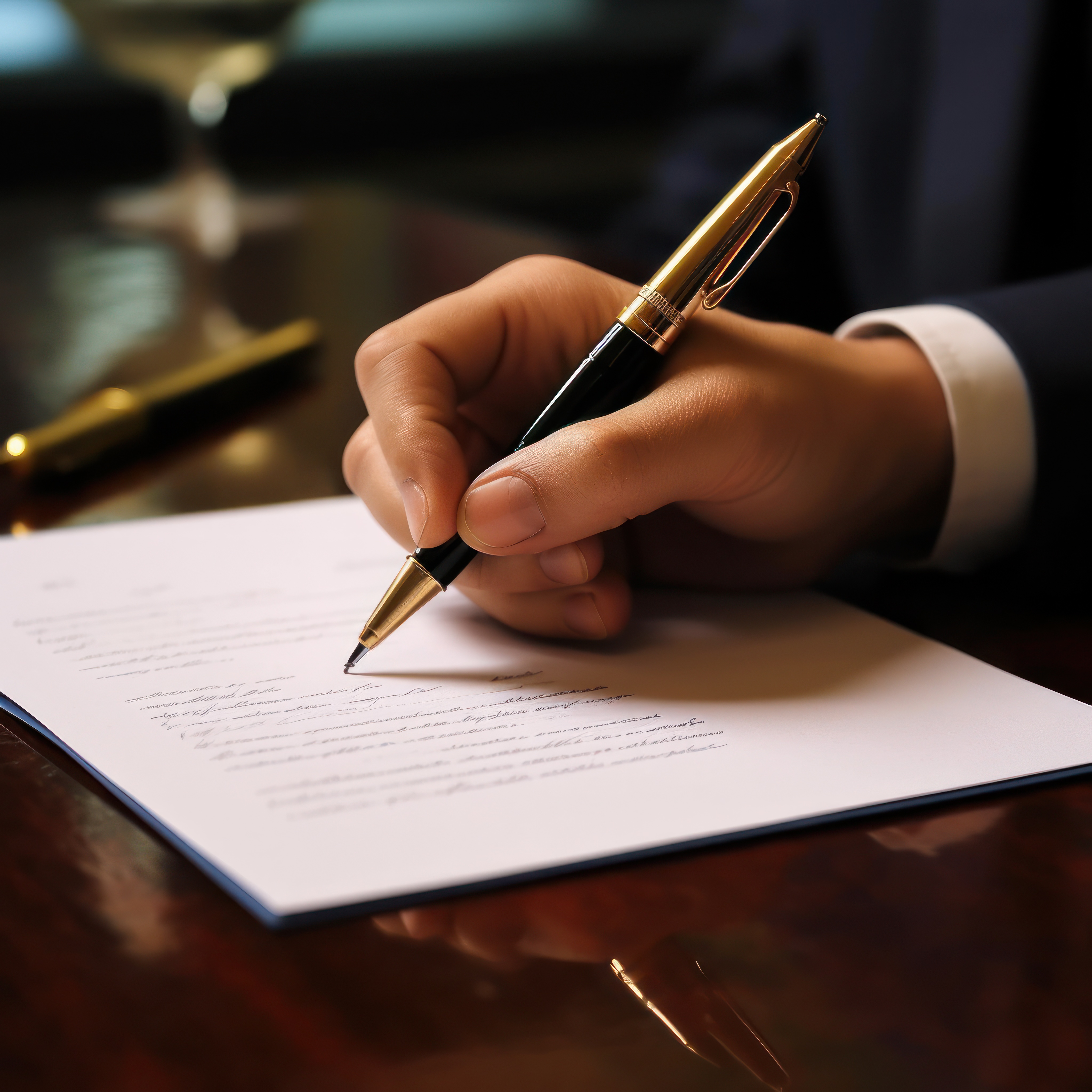 Close up of hand holding pen and paper