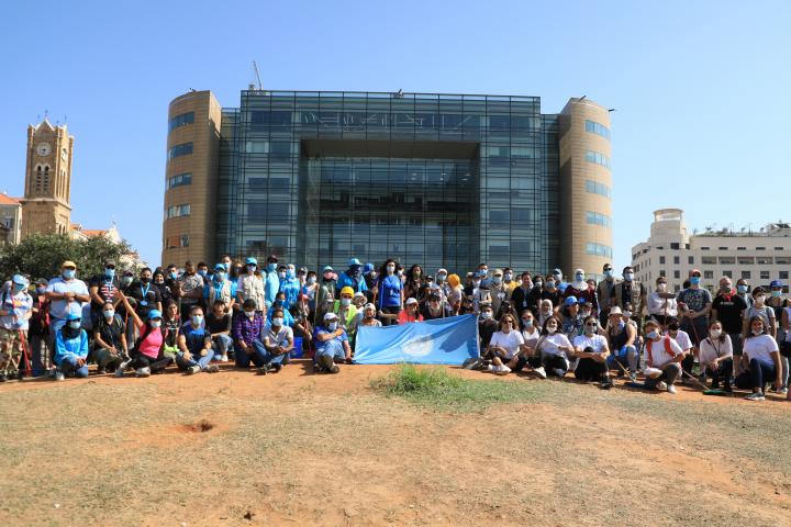 A group of UN staff members in front of the UN House in Beirut