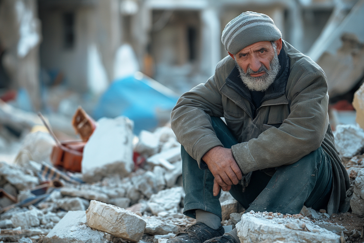 A man sitting on the floor between the destruction in Gaza