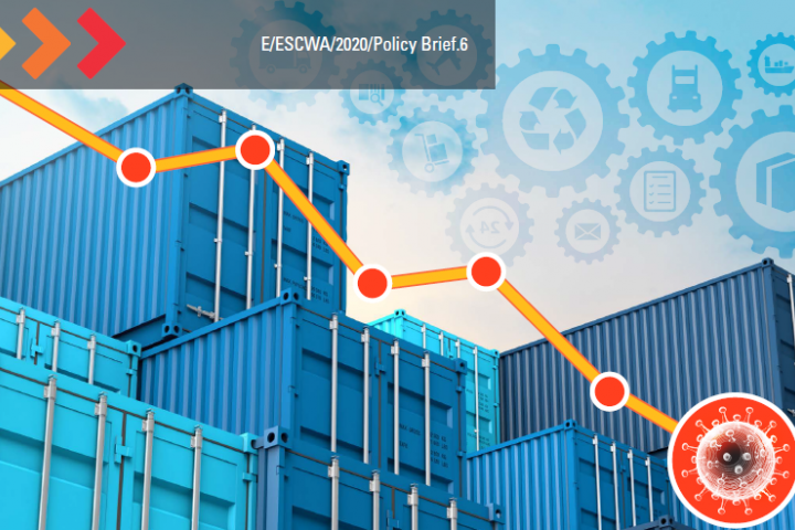 cover of the policy brief, blue containers in the background and ascending graph linked to the coronavirus